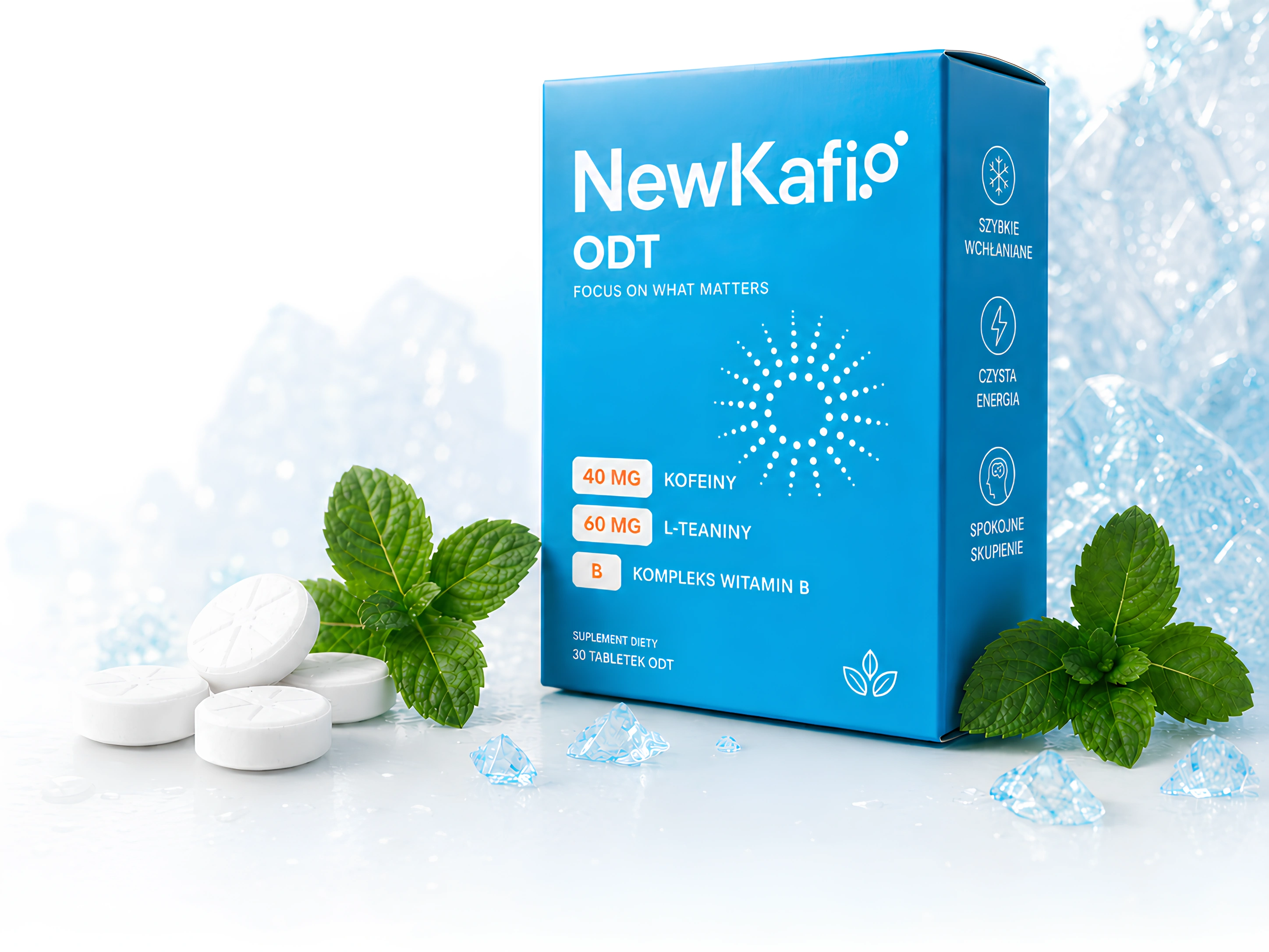 Pudełko suplementu NewKafi ODT z tabletkami i miętą